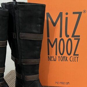 Miz Mooz Charmaine Black & Brown Leather Tall Buckles Boots Sz 7 (Eur 37)
